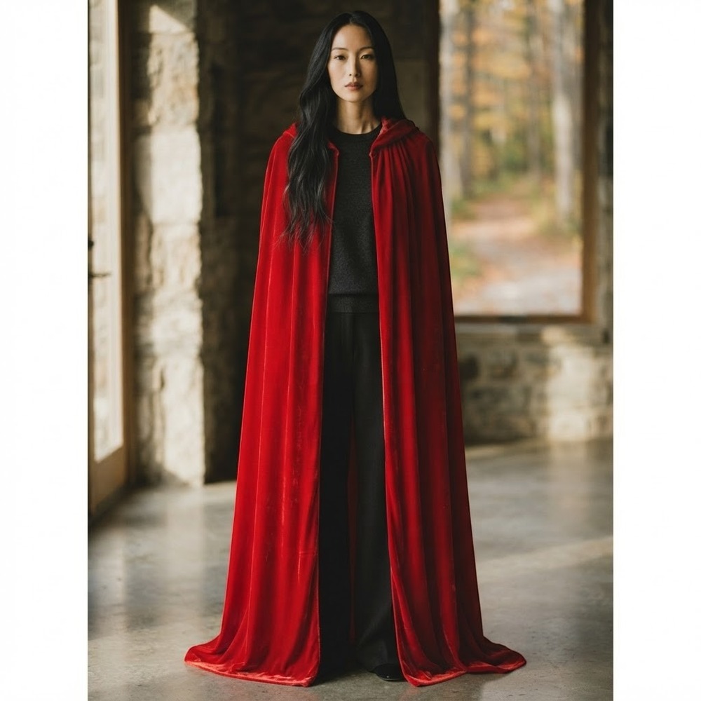 Halloween Hooded Cloak Velvet Costume Cosplay Long Red Renaissance Cape
